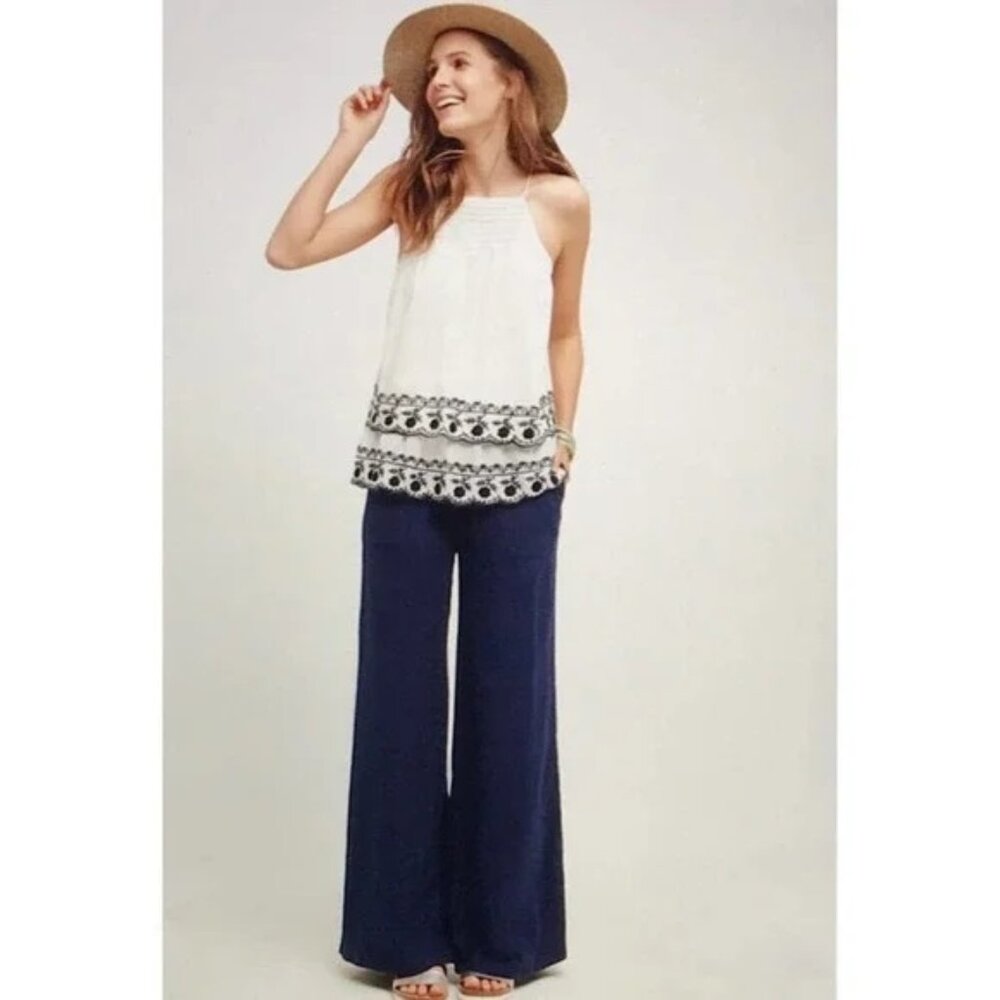 Anthropologie Navy Linen Blend Wide Leg Pants Size 27 Navy